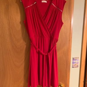 Calvin Klein Women's Sleeveless Sheath Mock Wrap Dress, Red, 10 Belted Zipper